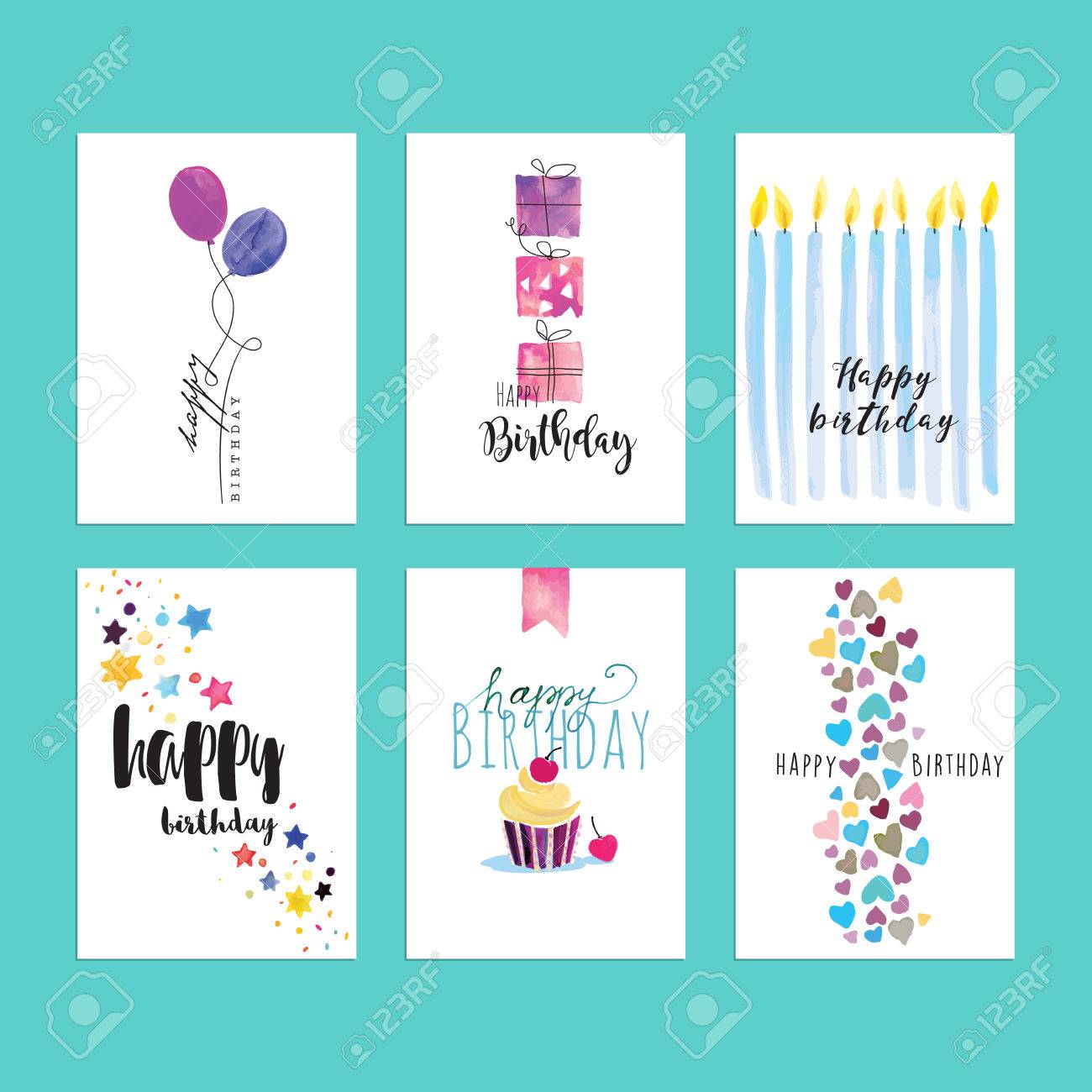 set of birthday greeting card templates hand drawn watercolor