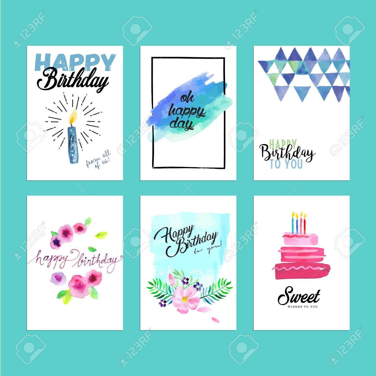 Collection Of Modern Design Birthday Greeting Cards. Hand Drawn Watercolor  Illustration Concepts For Website Banners And Print Material. Royalty Free  SVG, Cliparts, Vectors, and Stock Illustration. Image 58942122., image size:1300x1300