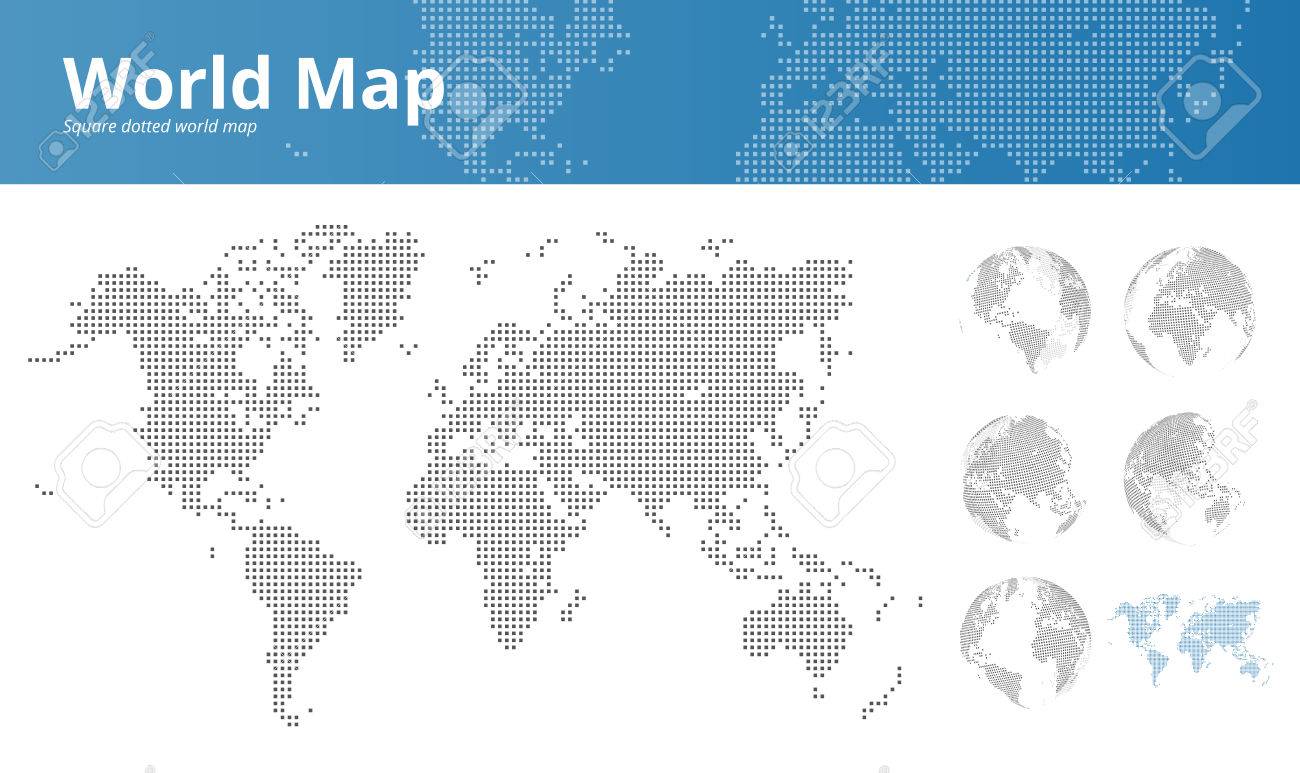 square dotted world map and earth globes showing all continents