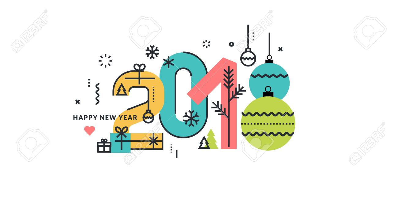 flat line style new year 2018 greeting card vector illustration