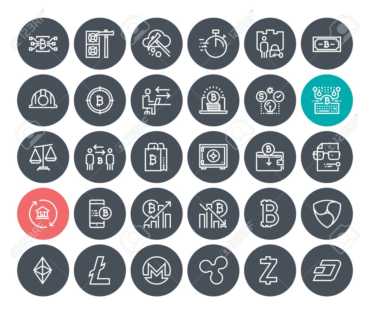 細線暗号通貨アイコンが設定されます。ブロックチェーン技術、ビットコイン、アルトコイン、鉱業、金融、デジタルマネーマーケット、クリプトコインウォレット、証券取引所のプレミアム品質アウトラインシンボルコレクション。のイラスト素材・ベクター  Image 95069870