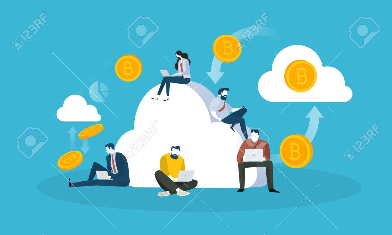 클라우드 마이닝. 블록 체인 기술, 비트 코인, 알트 코인, Cryptocurrency 마이닝, 금융, 디지털 머니 마켓,  Cryptocoin Wallet, Crypto Exchange의 평면 디자인 스타일 웹 배너. 로열티 무료 사진, 그림, 이미지 그리고  스톡포토그래피. Image