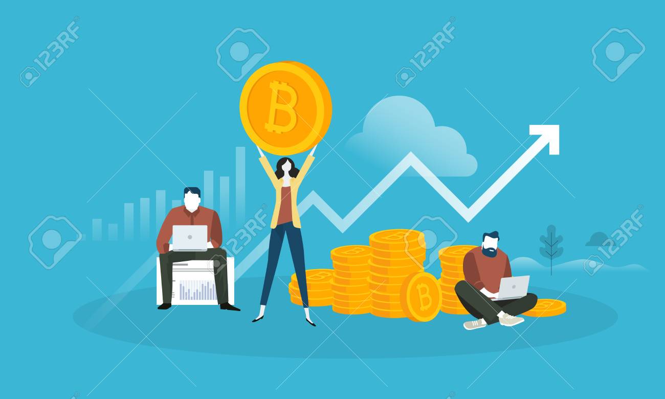 비트 코인 시장 분석. 블록 체인 기술, 비트 코인, 알트 코인, Cryptocurrency 마이닝, 금융, 디지털 머니 마켓,  Cryptocoin Wallet, Crypto Exchange의 평면 디자인 스타일 웹 배너. 로열티 무료 사진, 그림, 이미지 그리고