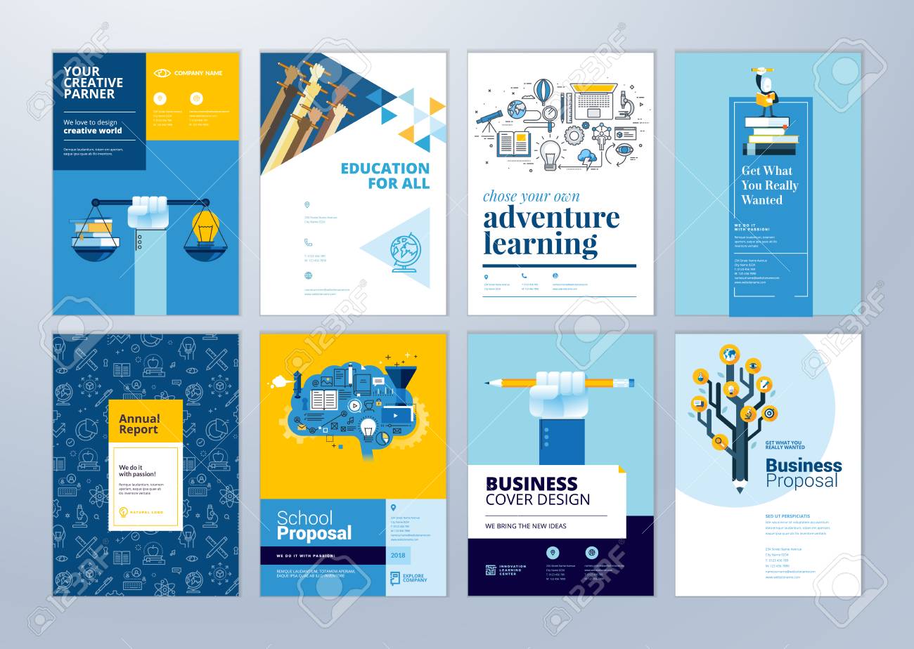 Set of brochure design templates on the subject of education, school, online learning. Vector illustrations for flyer layout, marketing material, annual report cover, presentation template. - 102664228 Set of brochure design templates on the subject of education, school, online learning. Vector illustrations for flyer layout, marketing material, annual report cover, presentation template. - 102664228