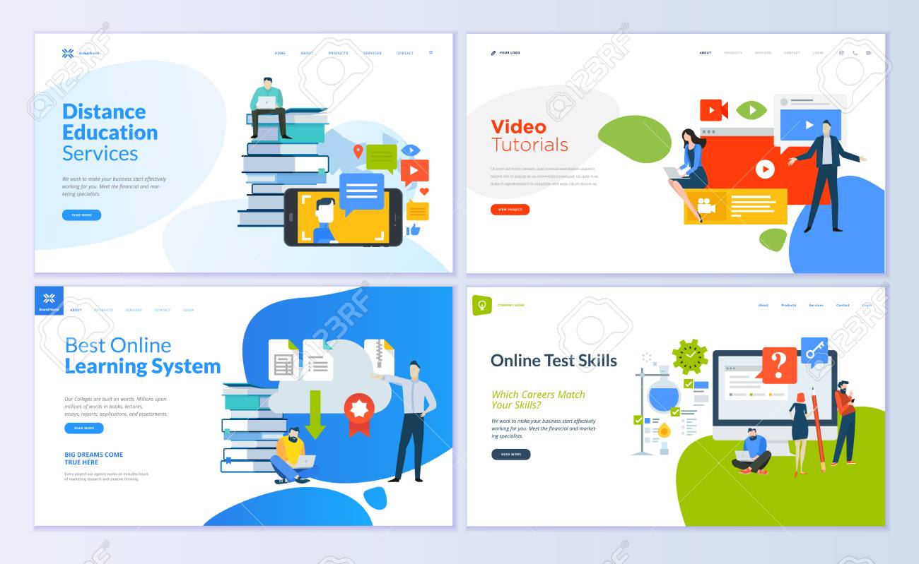 Set of web page design templates for distance education, video tutorials, e-learning, online test skills. Modern vector illustration concepts for website and mobile website development. - 104758683 Set of web page design templates for distance education, video tutorials, e-learning, online test skills. Modern vector illustration concepts for website and mobile website development. - 104758683