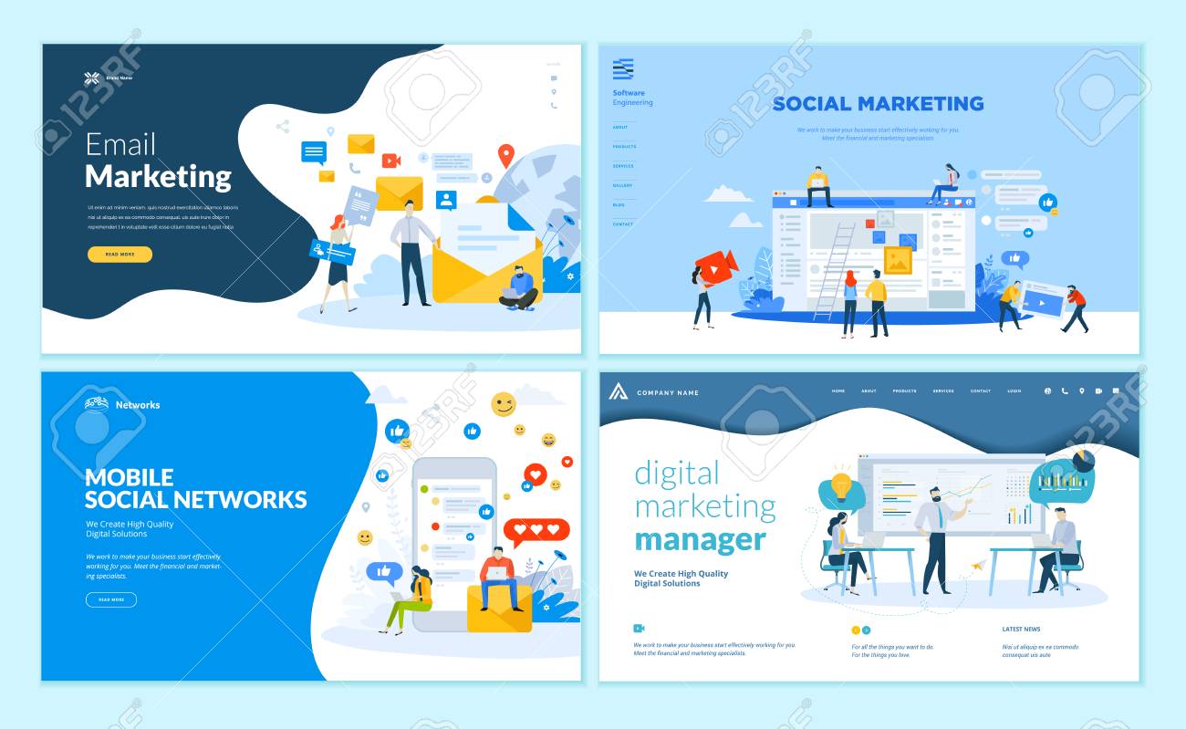 Set of web page design templates for mobile social network, internet marketing solutions. Modern vector illustration concepts for website and mobile website development. - 107661803 Set of web page design templates for mobile social network, internet marketing solutions. Modern vector illustration concepts for website and mobile website development. - 107661803