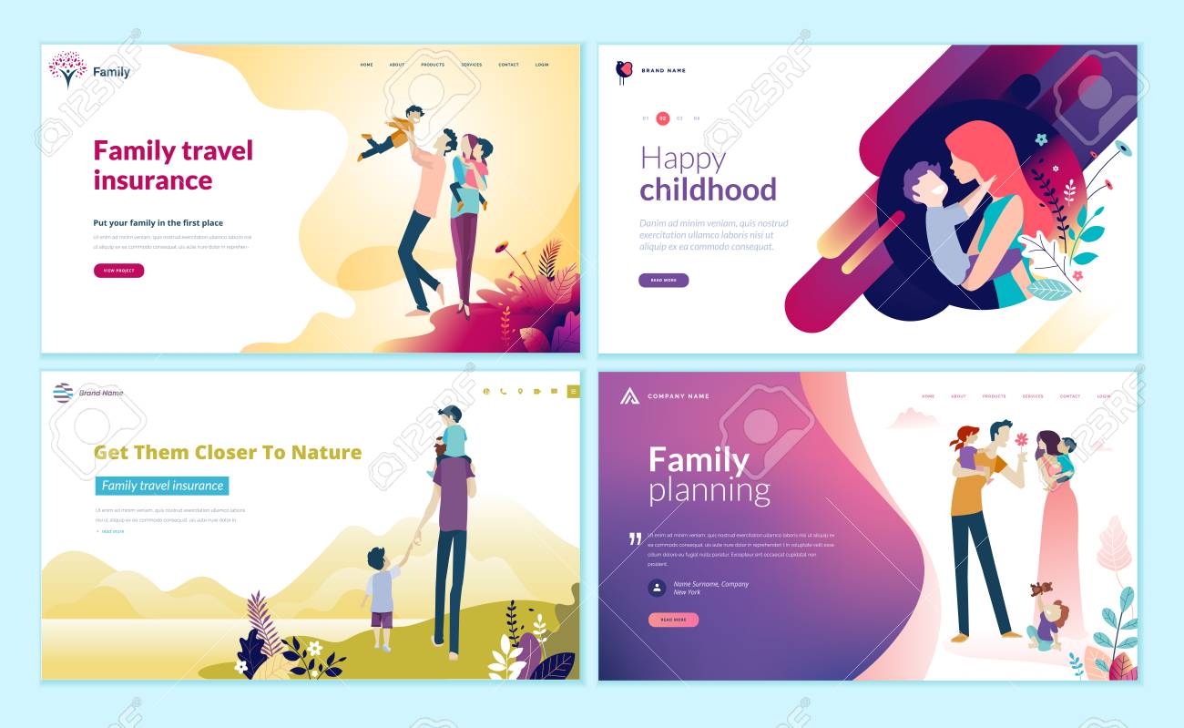 Set of web page design templates for family planning, travel insurance, nature and healthy life. - 109775067 Set of web page design templates for family planning, travel insurance, nature and healthy life. - 109775067