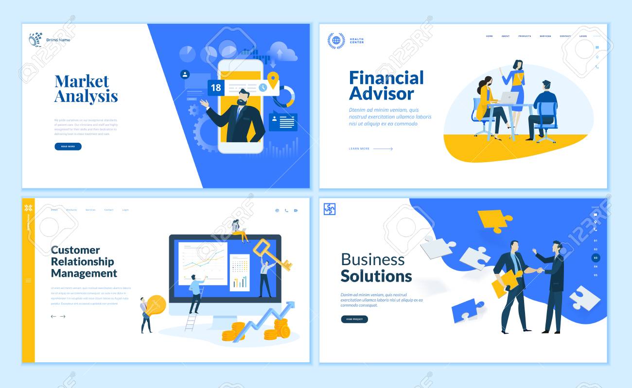 Set of flat design web page templates of market analysis, business solution, financial advisor, customer relationship management. Modern vector illustration concepts for website and mobile website development. - 112404854 Set of flat design web page templates of market analysis, business solution, financial advisor, customer relationship management. Modern vector illustration concepts for website and mobile website development. - 112404854