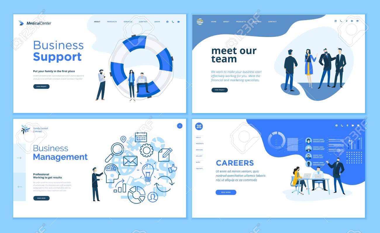 Set Of Flat Design Web Page Templates Of Business Support, Management, Our  Team, Career. Modern Vector Illustration Concepts For Website And Mobile  Website Development. Клипарты, SVG, векторы, и Набор Иллюстраций Без Оплаты