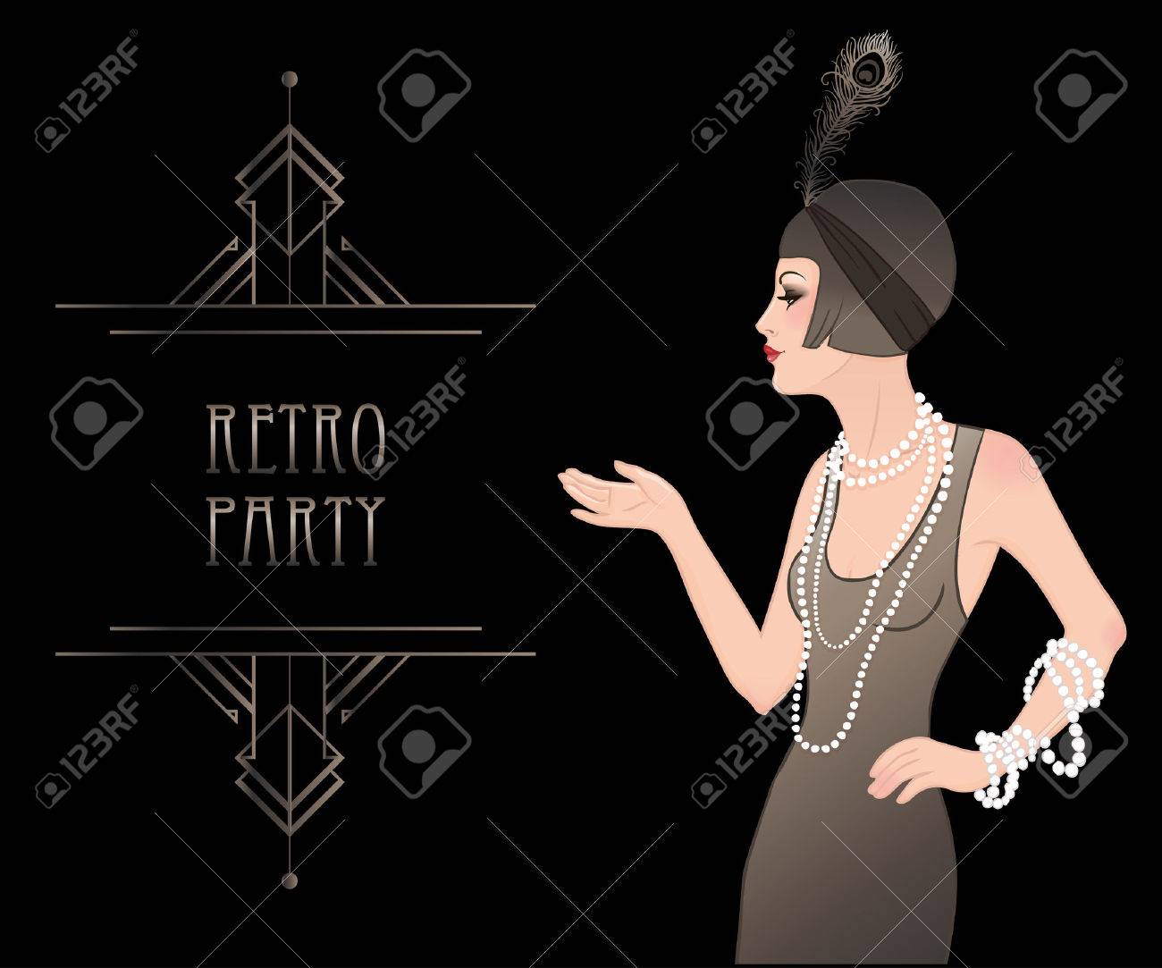 flapper girl retro party invitation design template vector