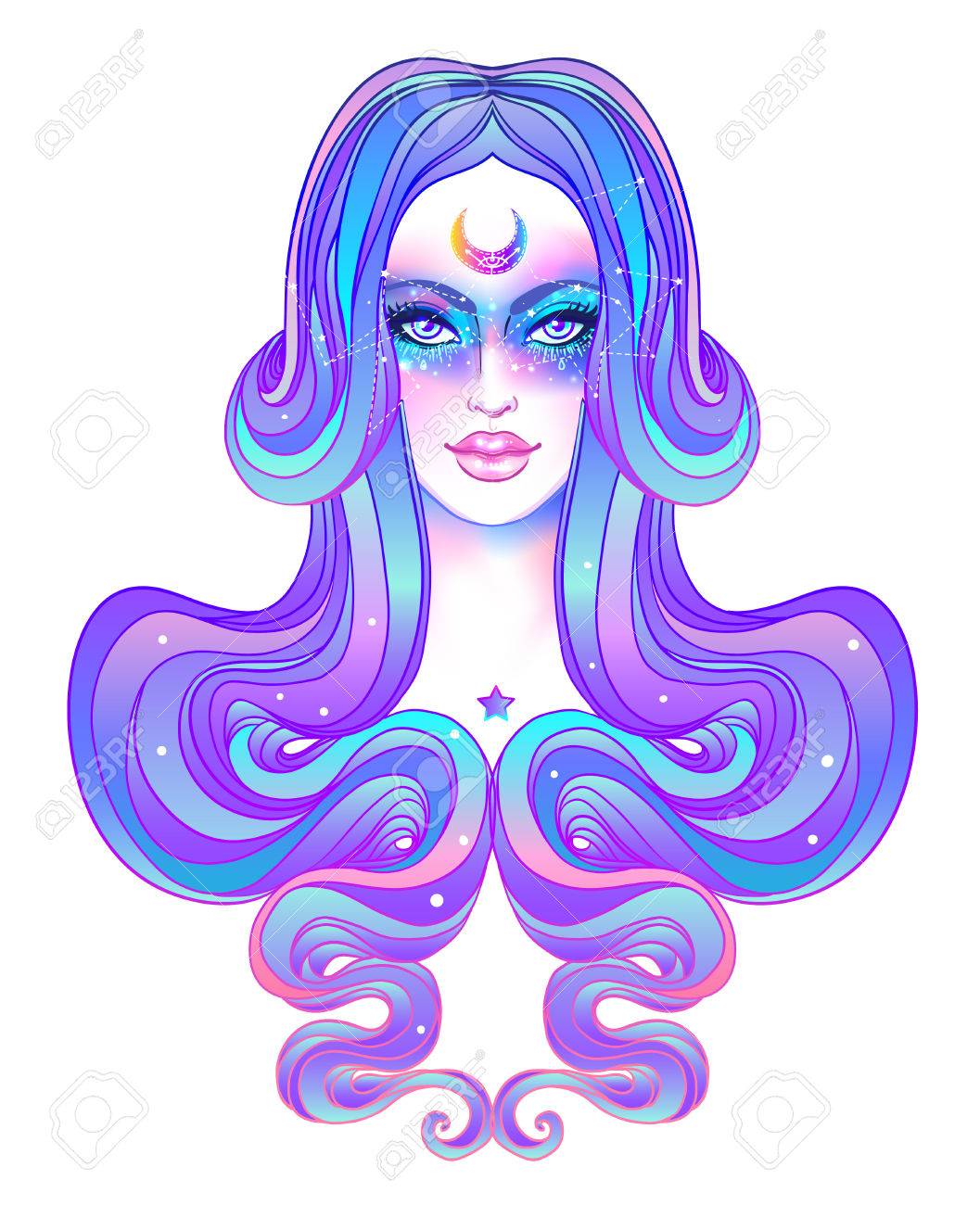 銀河かわいい十代の少女は メイクアップ 染め紫髪や星 星座 アール ヌーボーとかわいいゴシック風 流行に敏感なパステル ゴス 鮮やかな色 ベクトル干支イラスト のイラスト素材 ベクタ Image