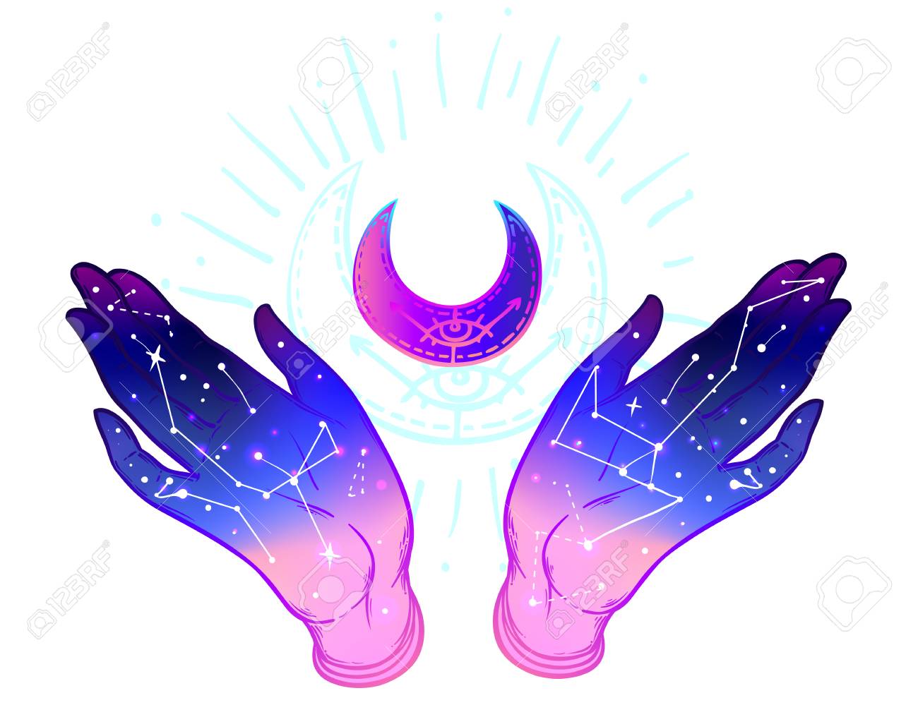 三日月を示す内部ギャラクシーで開いている手 手描きのイラスト 神秘的なデザインのベクトル図です インクのタトゥー フラッシュ デザイン ベクトルは 白で隔離 占星術では 神聖な精神 のイラスト素材 ベクタ Image