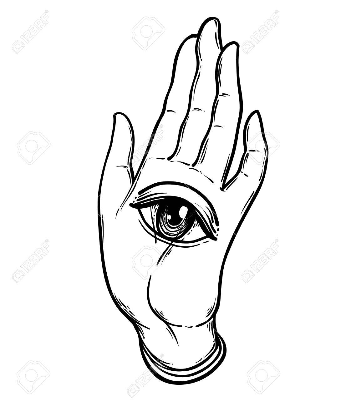 open hand with the all seeing eye on the palm occult design