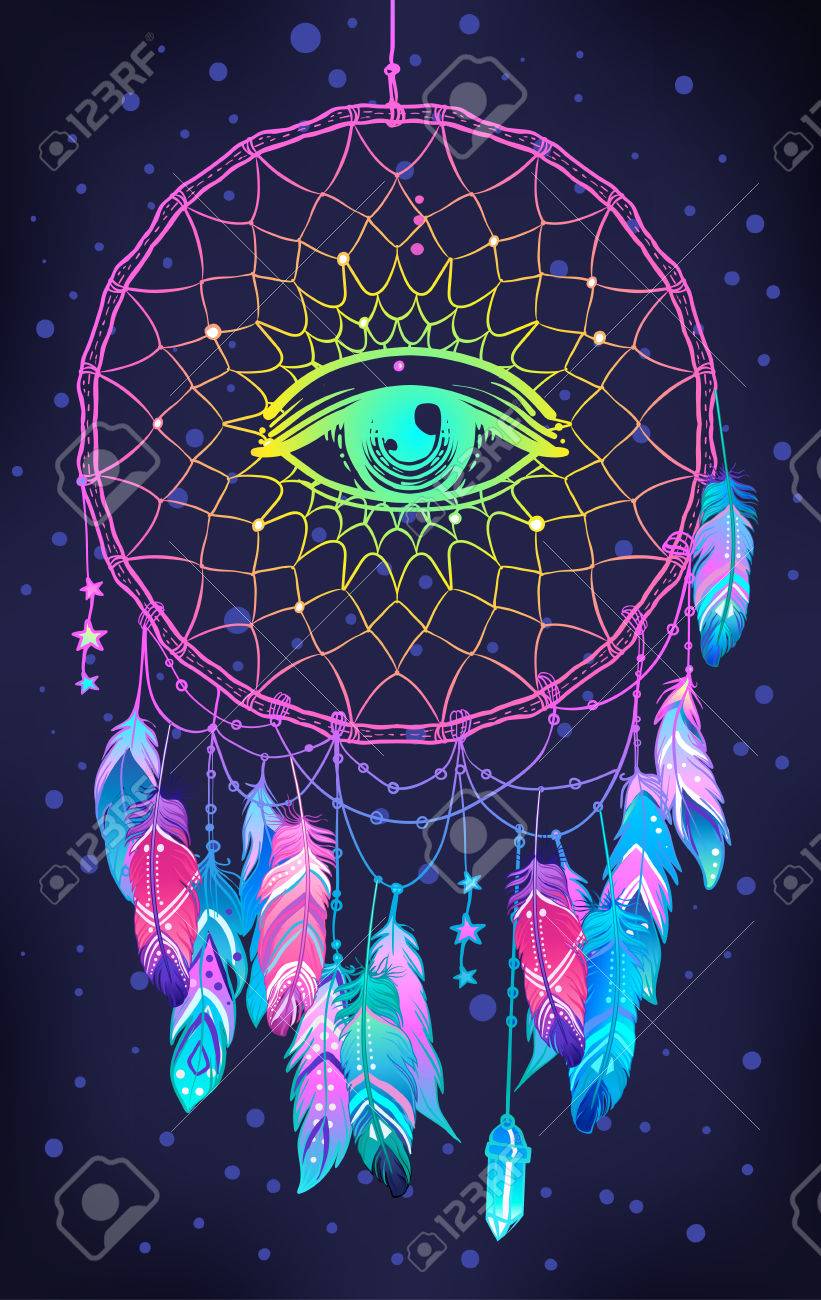 手描き目 羽 月のネイティブ アメリカン インディアンお守りのドリーム キャッチャー ベクトルのヒップスターのイラストが白で隔離 エスニックなデザイン 自由奔放に生きるシックな部族のシンボル 大人のための塗り絵 のイラスト素材 ベクタ Image