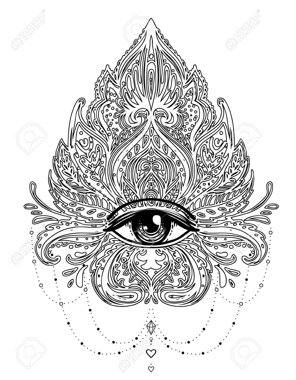 Coloring Book For Adults Vector Ornamental Lotus Flower All Seeing Eye Patterned Indian Paisley Hand Drawn