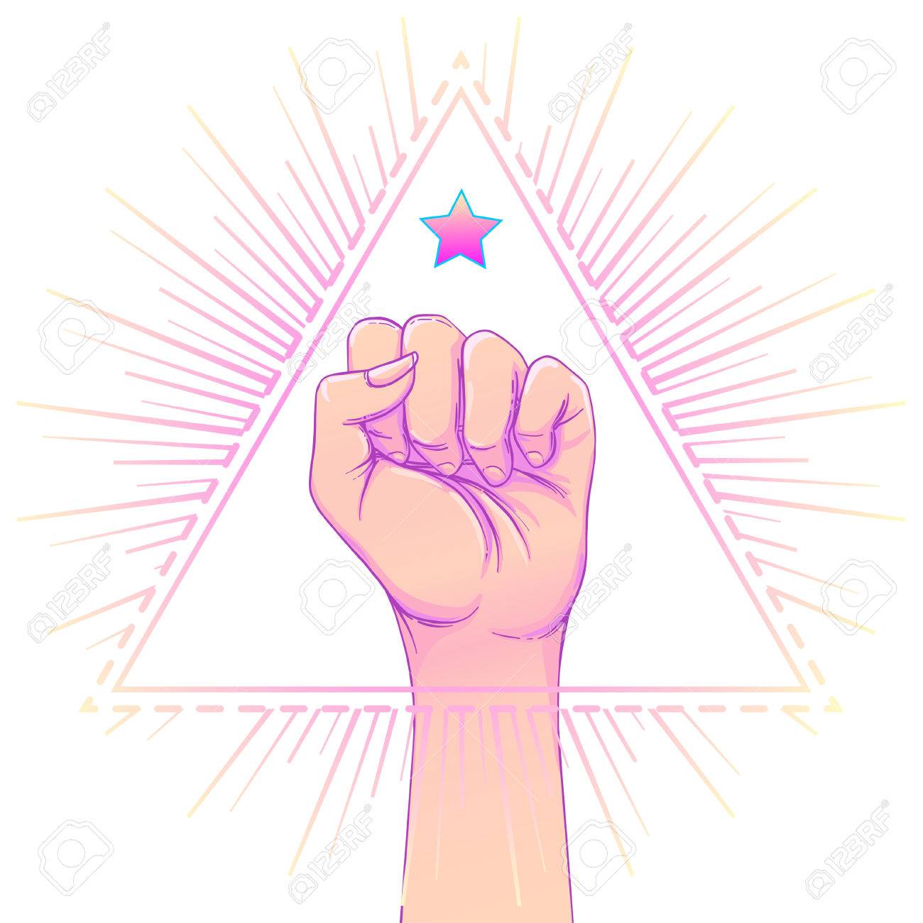 人間の手は 三角形の光線を引き上げた 戦い 革命 暴動 抗議の記号です フリーメーソンの記号 女の子のように戦います 女性の力 ベクトルの図 の イラスト素材 ベクタ Image