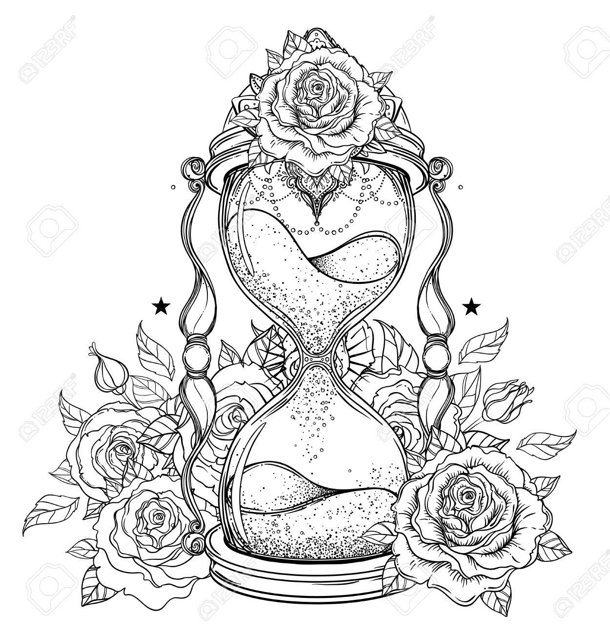 Decorative Antique Hourglass With Roses Illustration Isolated ... Decorative Antique Hourglass With Roses Illustration Isolated ...