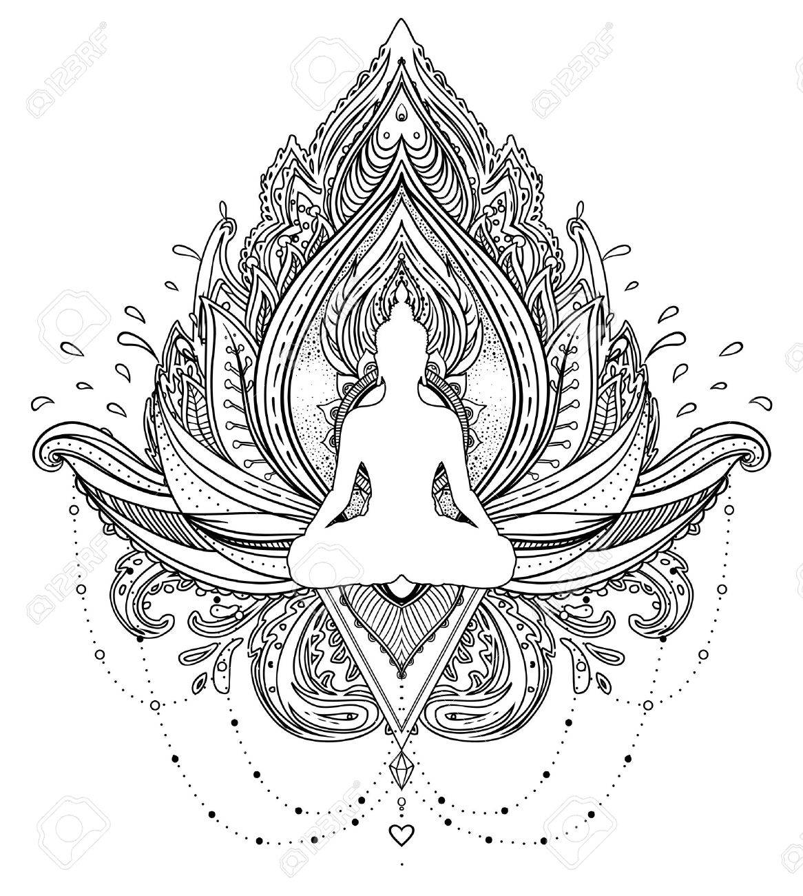 Vector ornamental Lotus flower with silhouette of Buddha, ethnic art, Indian paisley. Hand drawn illustration. Invitation element. Tattoo, spirituality, boho, magic symbol. Coloring book for adults. - 79138345 Vector ornamental Lotus flower with silhouette of Buddha, ethnic art, Indian paisley. Hand drawn illustration. Invitation element. Tattoo, spirituality, boho, magic symbol. Coloring book for adults. - 79138345