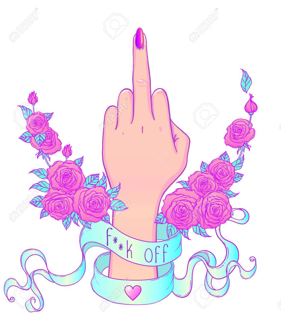 女性の手を示す中指 フェミニズムの概念 ピンク パステル ゴス色白で隔離の現実的なスタイル ベクトル イラスト ステッカー パッチ ポスター グラフィック デザイン のイラスト素材 ベクタ Image