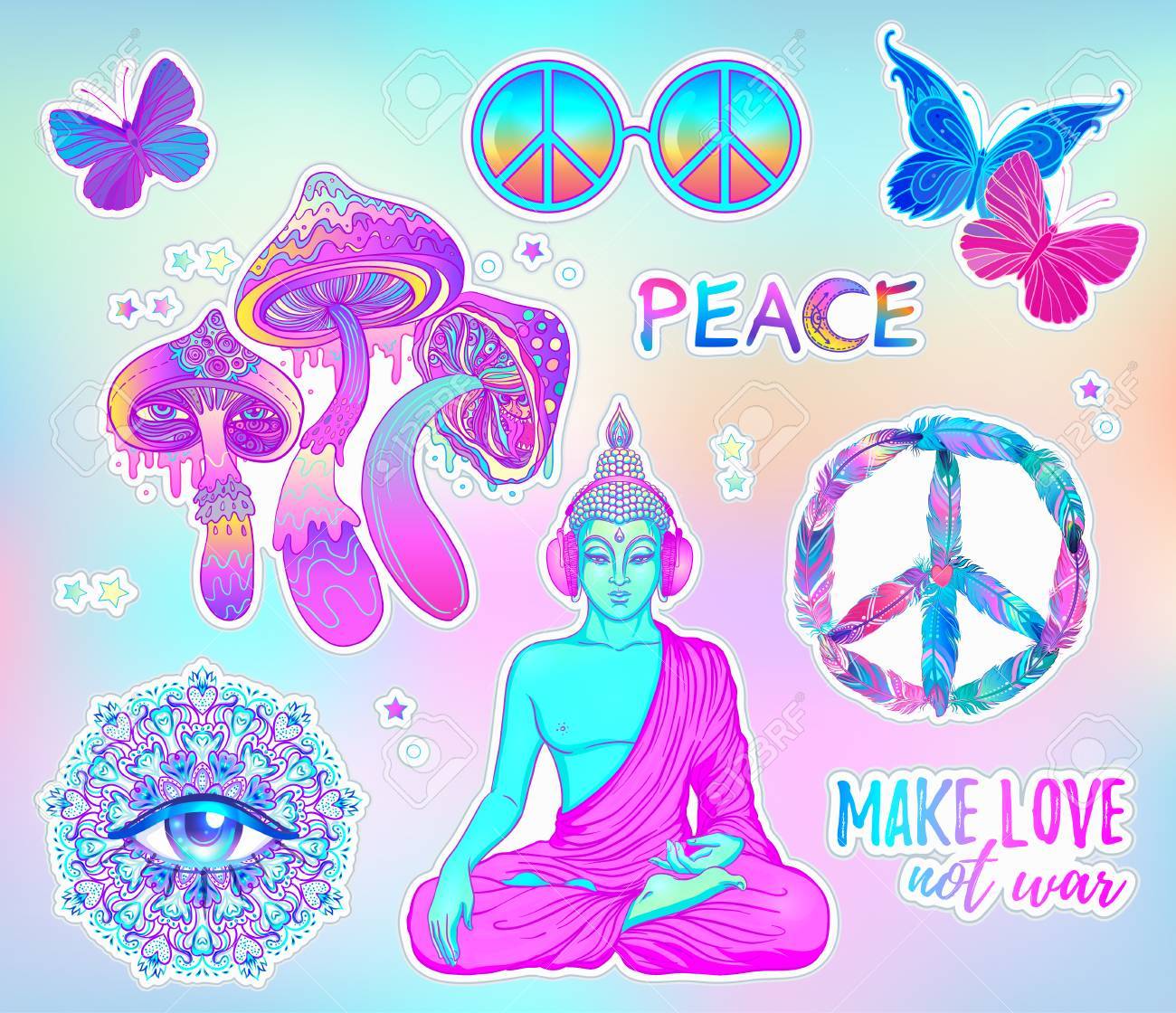psychedelic sticker set trippy mushrooms peace sign acid buddha