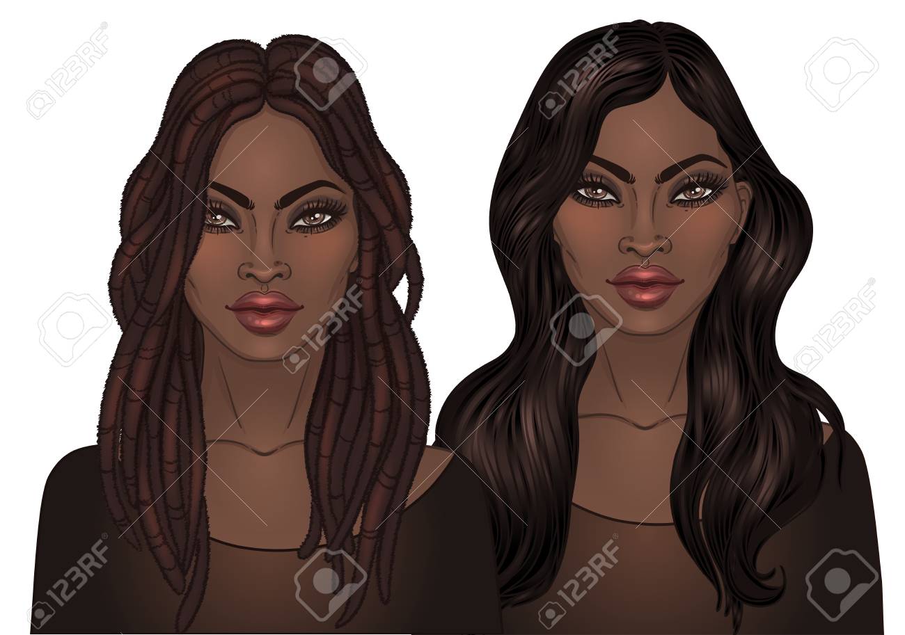 アフリカ系アメリカ人の少女です ベクトル図の黒の女恐怖ロックと長いストレートの髪 アバターに最適です 黒の背景上の図 のイラスト素材 ベクタ Image