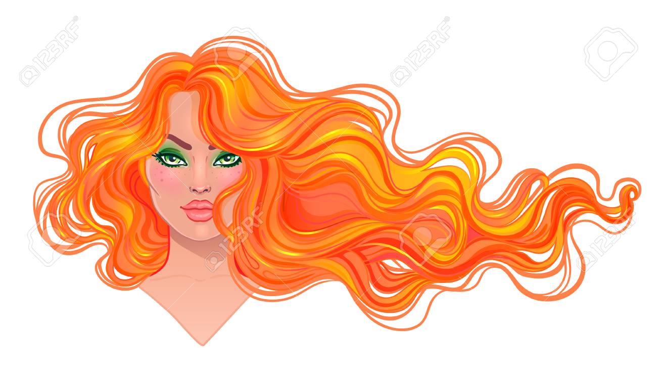 風に流れる長いウェーブのかかった髪と美しい赤毛の女性 髪サロン コンセプトです ベクトル イラスト分離されました 若い白人女性の肖像画 グラマー ファッション概念 のイラスト素材 ベクタ Image