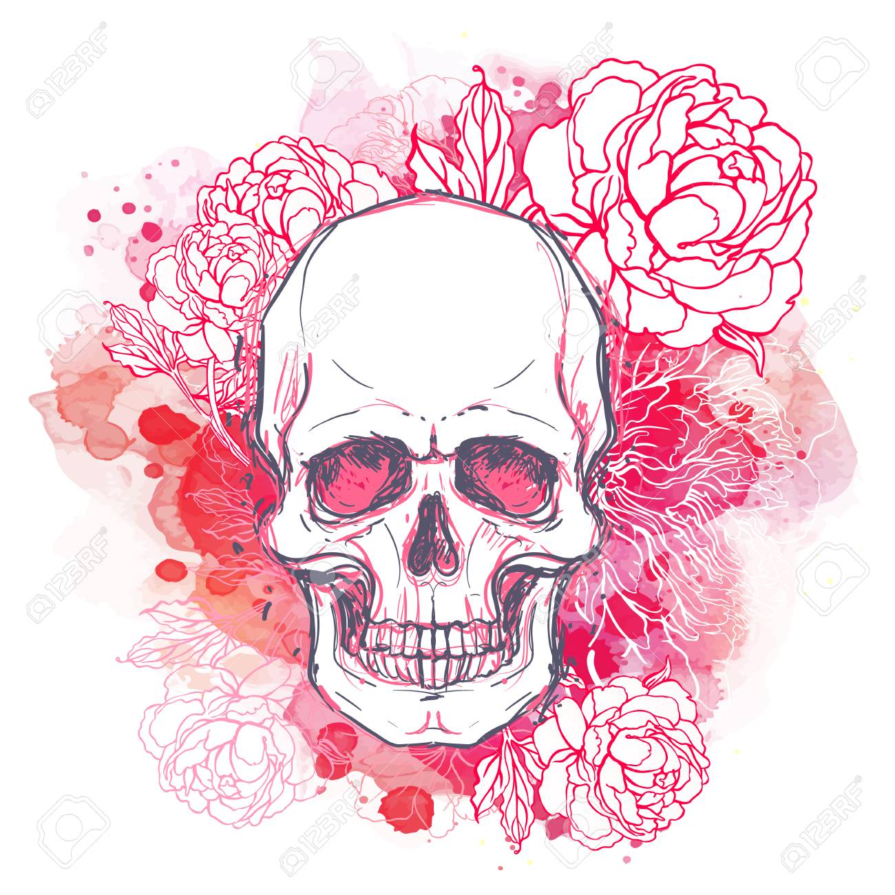 Crâne Humain Avec Des Fleurs De Pivoine De Rose Et De Pavot Sur Fond Aquarelle élément De Conception De Tatouage Illustration Vectorielle Religion