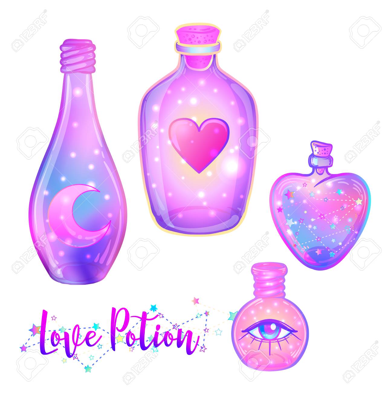 Magic Potion Blue Bottle Jar Set With Pink Moon Crystals Heart Royalty Free Cliparts Vectors And Stock Illustration Image 99539335
