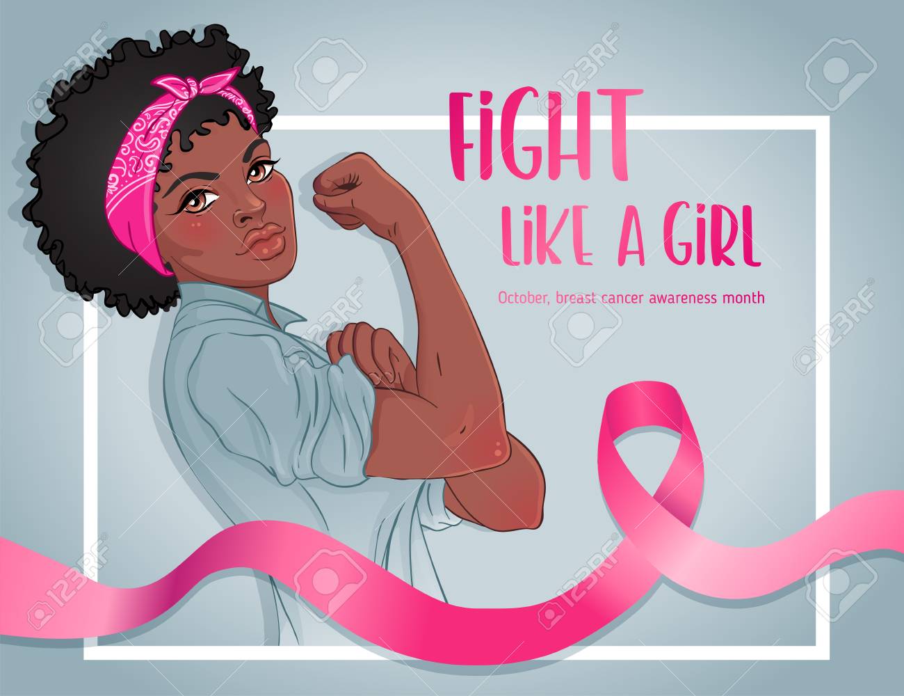 Fight Like A Girl. African Girl With Her Fist Raised Up. Breast Cancer  Awareness Month Symbol. Vector Illustration. Design Inspired By Classic  Vintage Feminist Poster. International Health Campaign. Клипарты, SVG,  векторы, и