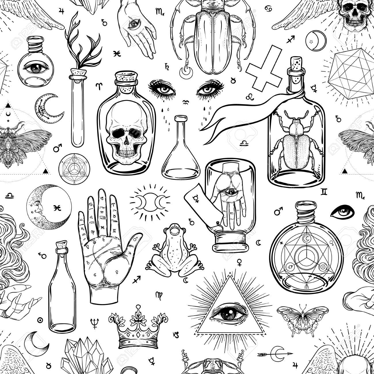 Mystic, magic, background. Religion and the occultism with esoteric and masonic symbols. Medieval manuscript inspired. Vector seamless pattern in retro style. Repeating Trendy stylish texture. - 108021317 Mystic, magic, background. Religion and the occultism with esoteric and masonic symbols. Medieval manuscript inspired. Vector seamless pattern in retro style. Repeating Trendy stylish texture. - 108021317