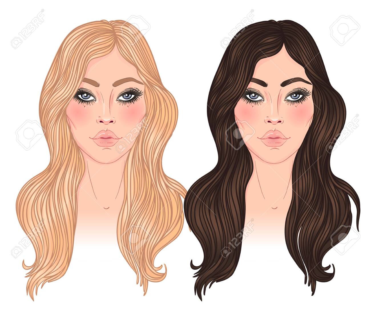 Two Vector Woman Blonde And Brunette With Long Hair Isolated