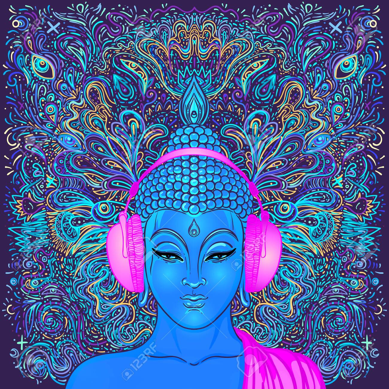 Sitting Buddha Over Colorful Neon Background. Vector Illustration.  Psychedelic Mushroom Composition. Indian, Buddhism, Spiritual Tattoo, Yoga,  Spirituality. Sticker, Patch, 60s Hippie Colorful Art. Royalty Free SVG,  Cliparts, Vectors, And Stock ...