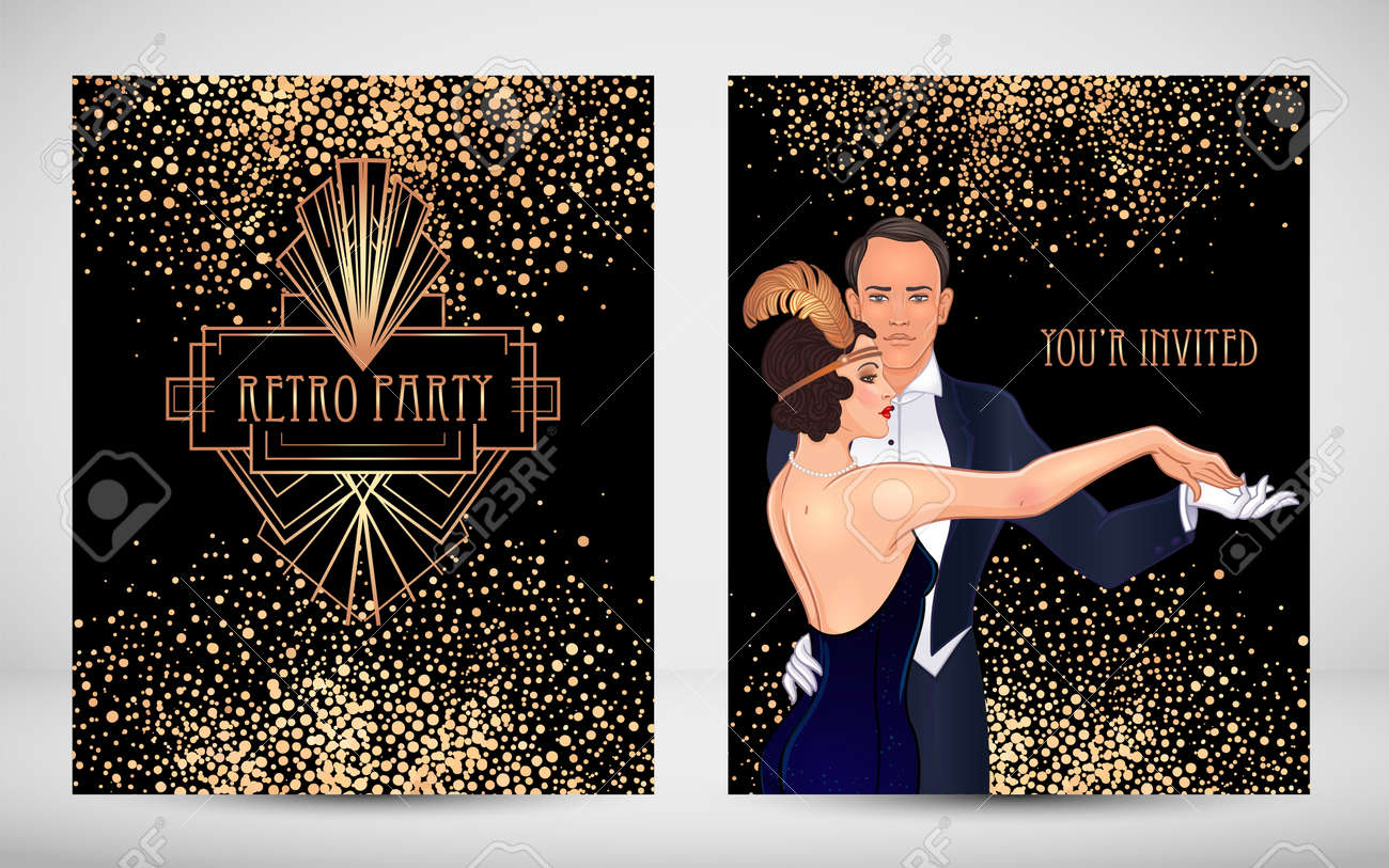 Art Deco Vintage Invitation Template Design With Illustration Of Flapper  Girl. Patterns And Frames. Retro Party Background Set (1920s Style). Vector  For Glamour Event, Thematic Wedding Or Jazz Party. Клипарты, SVG, векторы,