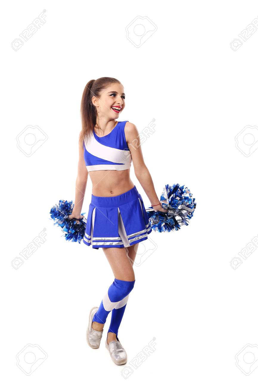 Young Cheerleader In Blue And White Suit With Pompoms On White Stock Photo Picture And Royalty Free Image Image