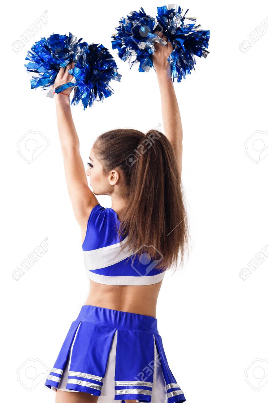 Young Cheerleader In Blue And White Suit With Pompoms On White Stock Photo Picture And Royalty Free Image Image
