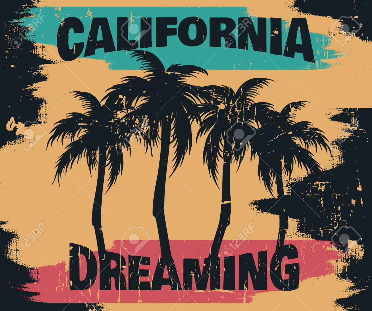 Citation Fond Typographique Californie Rever Avec Illustration De Palmiers Oeuvre Avec La Police Et La Texture Vintage Modele Pour Carte Affiche Banniere Flyer Impression Pour T Shirt Clip Art Libres De Droits