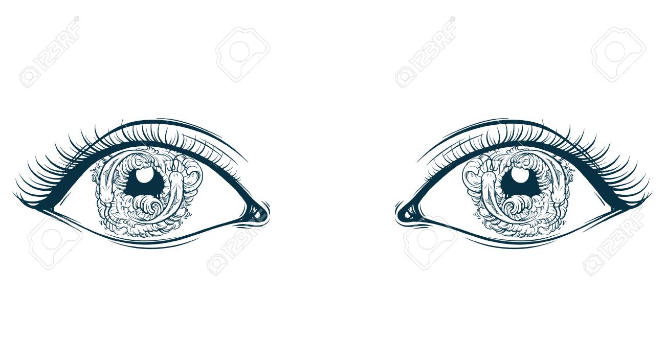 Vector Creative Illustration Of Eyes With Fish And Waves In Pupil Made In Hand Drawn Style Cute Line Artwork Trendy Template For Card Poster Banner Print For T Shirt Royalty Free Cliparts Vectors