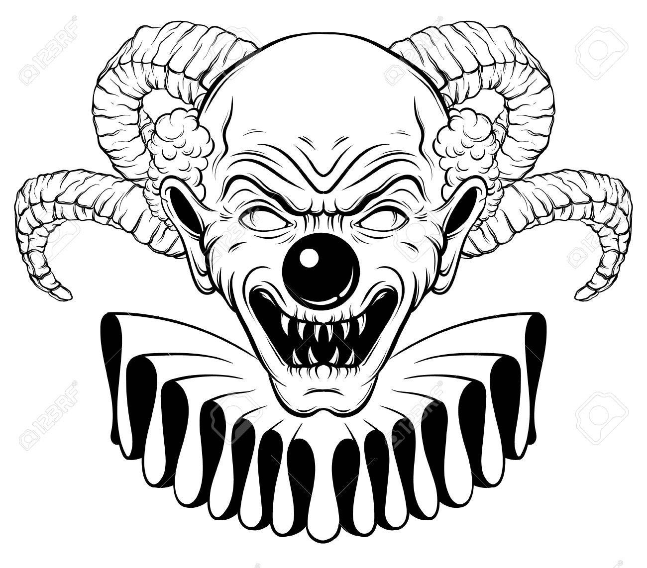 vector hand drawn illustration of angry clown with horns tattoo