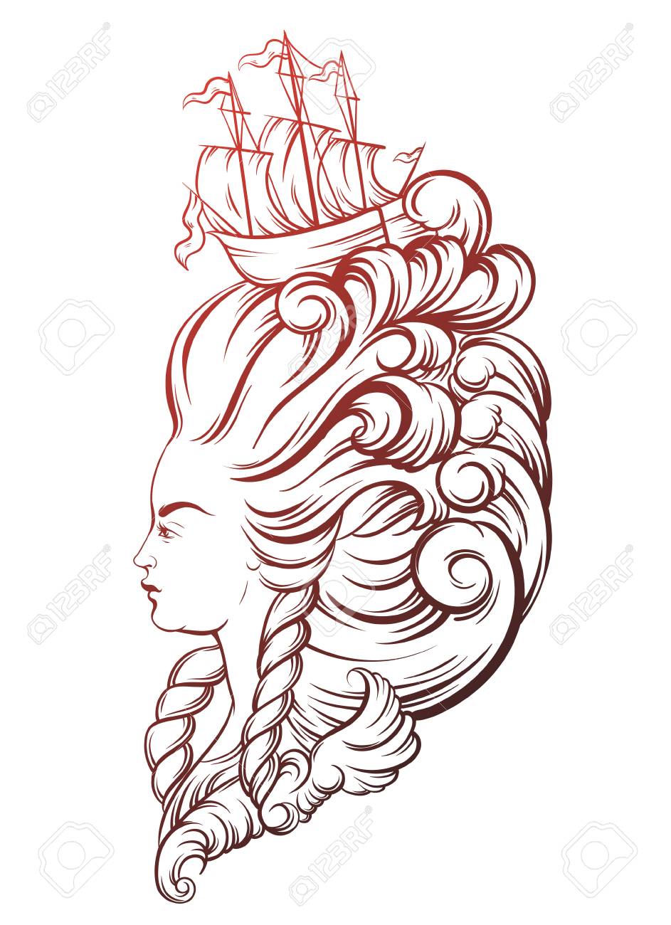 Vecor Illustration Of Woman Head With Beautiful Hairstyle With Ship And Waves Tattoo Artwork In Baroque Style Realistic Portrait Of Queen Template For Card Poster Banner Print For T Shirt Royalty Free Cliparts