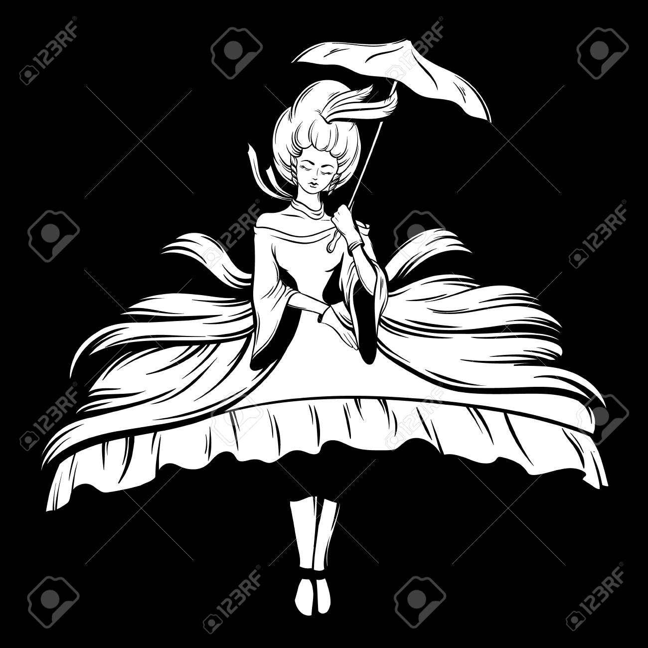 Vector Illustration Dessinée à La Main De Femme Volante En Robe Avec Créole Et Parapluie Tatouage Surréaliste Modèle Pour Carte Affiche Bannière