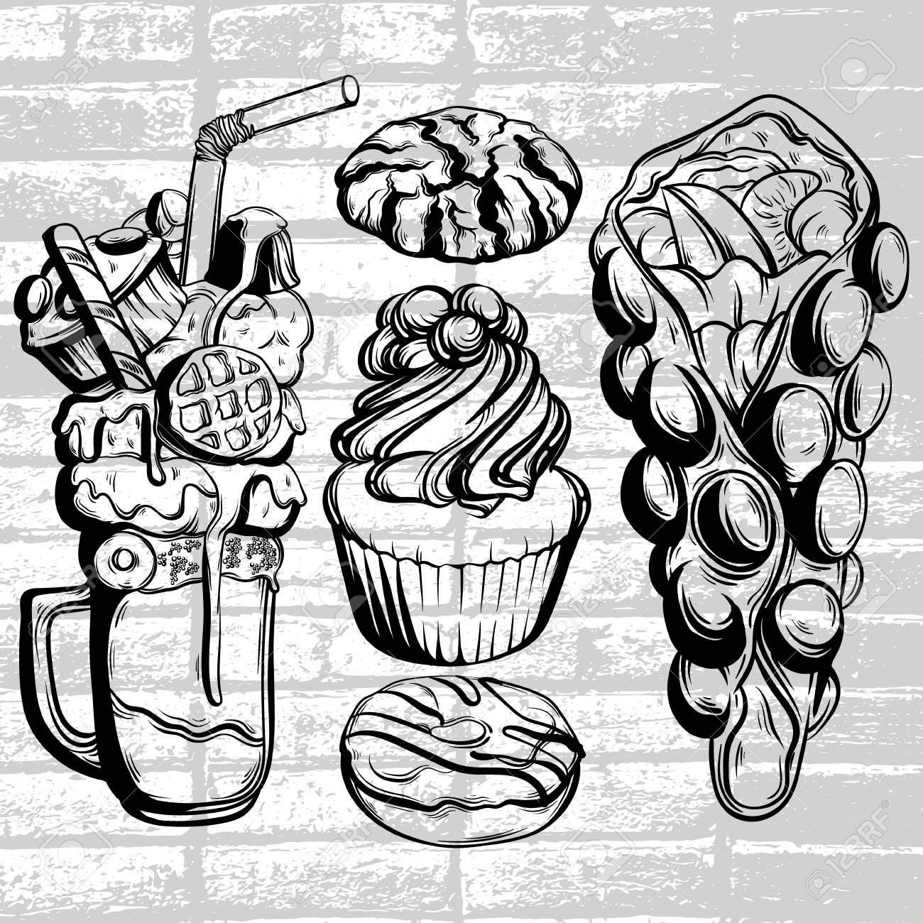 ミルクセーキ カップケーキ クッキー ドーナツ ワッフルのイラストと甘い食べ物のベクトルのセットは 手で描かれたスタイルを作った 手スケッチ テンプレート名刺ポスター バナー印刷します のイラスト素材 ベクタ Image