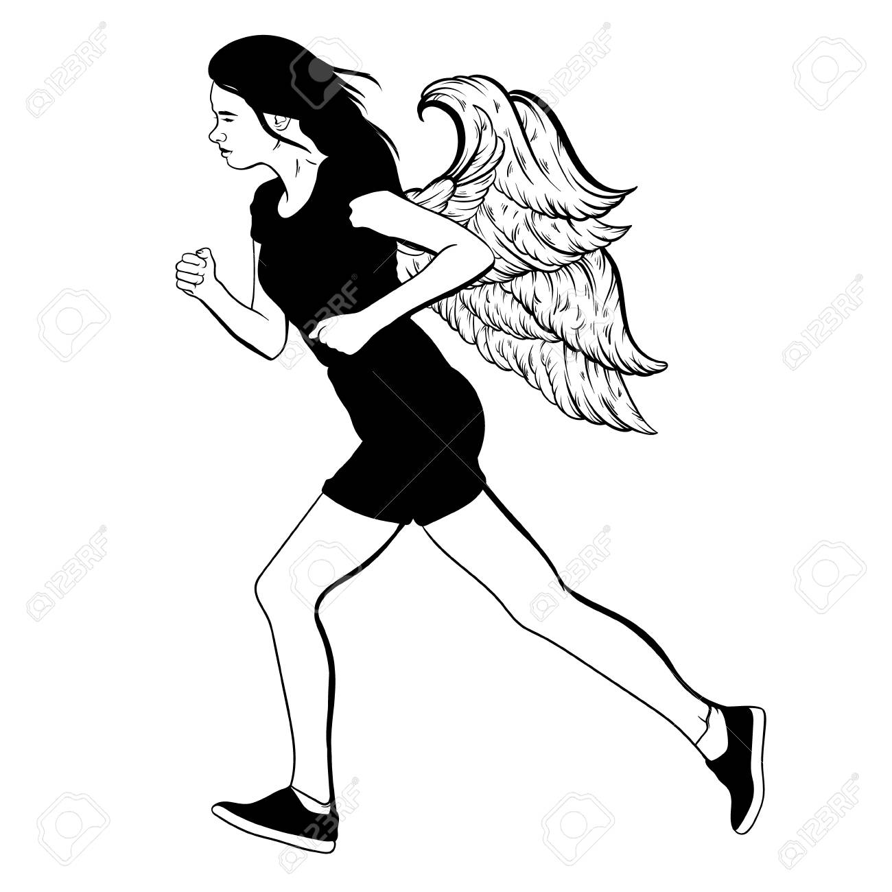 Vector Hand Drawn Illustration Of Running Girl With Wings Made In Realistic  Sketch Style. Profile Of Running Girl. Template For Card, Poster, Banner,  Print For T-shirt. Royalty Free SVG, Cliparts, Vectors, and, image size:1300x1300