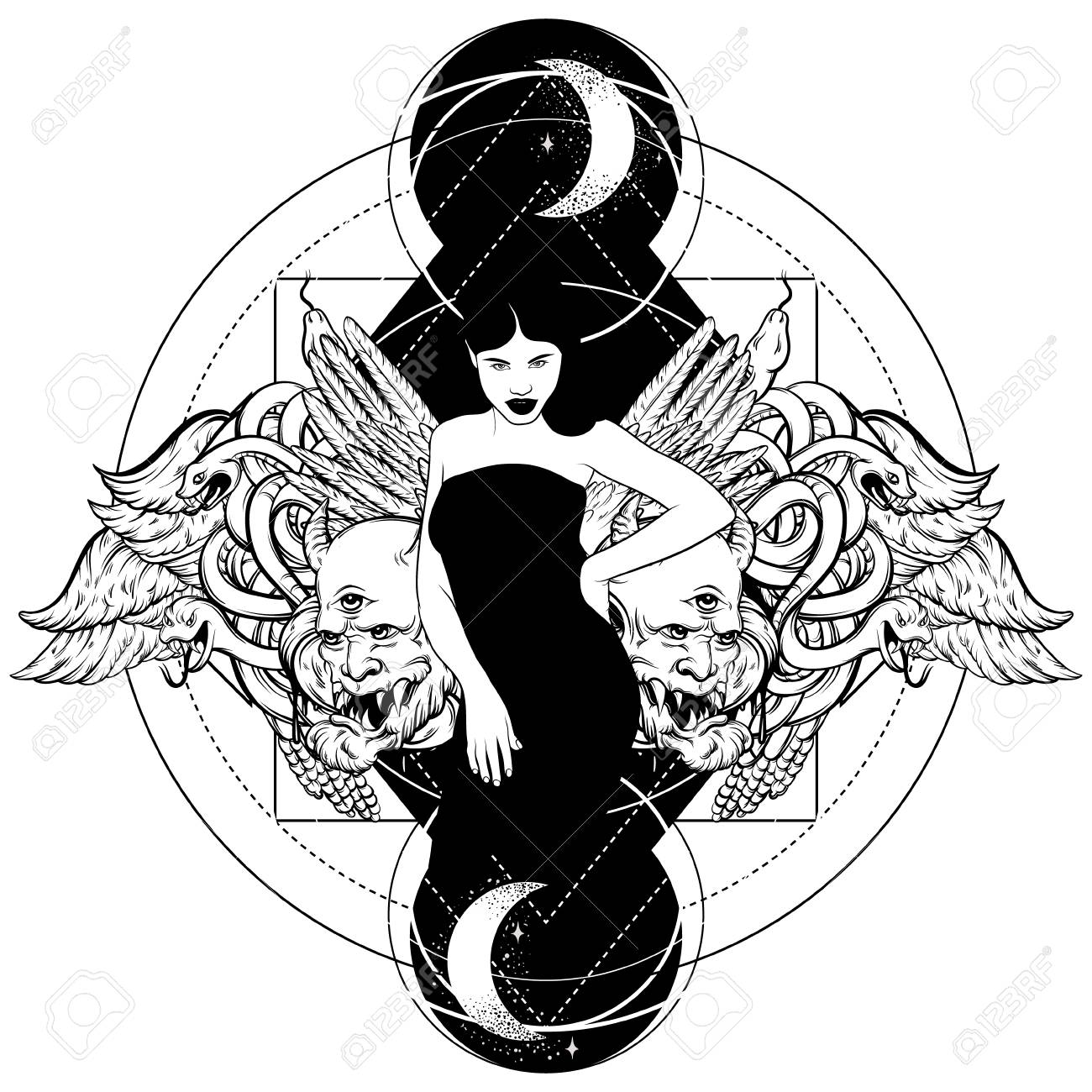 Vector Illustration Dessinée à La Main De La Belle Femme Avec Les Mains Les Serpents Les Ailes Et Les Visages Oeuvre De Tatouage Avec Portrait Dans