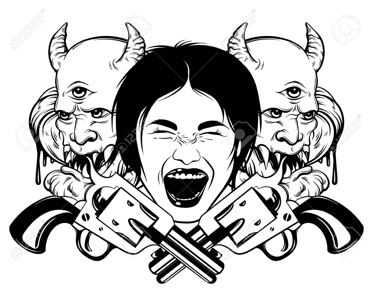 デーモンや銃で叫ぶ頭部の非常に詳細なイラストを描いた手描き のイラスト素材 ベクタ Image