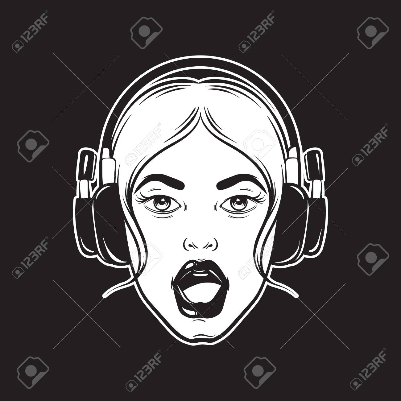 ヘッドフォンで歌う女の子のベクトル手描きイラスト クリエイティブなアートワーク 手描きの肖像画 カード ポスター バナー Tシャツ テキスタイル ラベル ピン バッジのための印刷のためのテンプレート のイラスト素材 ベクタ Image