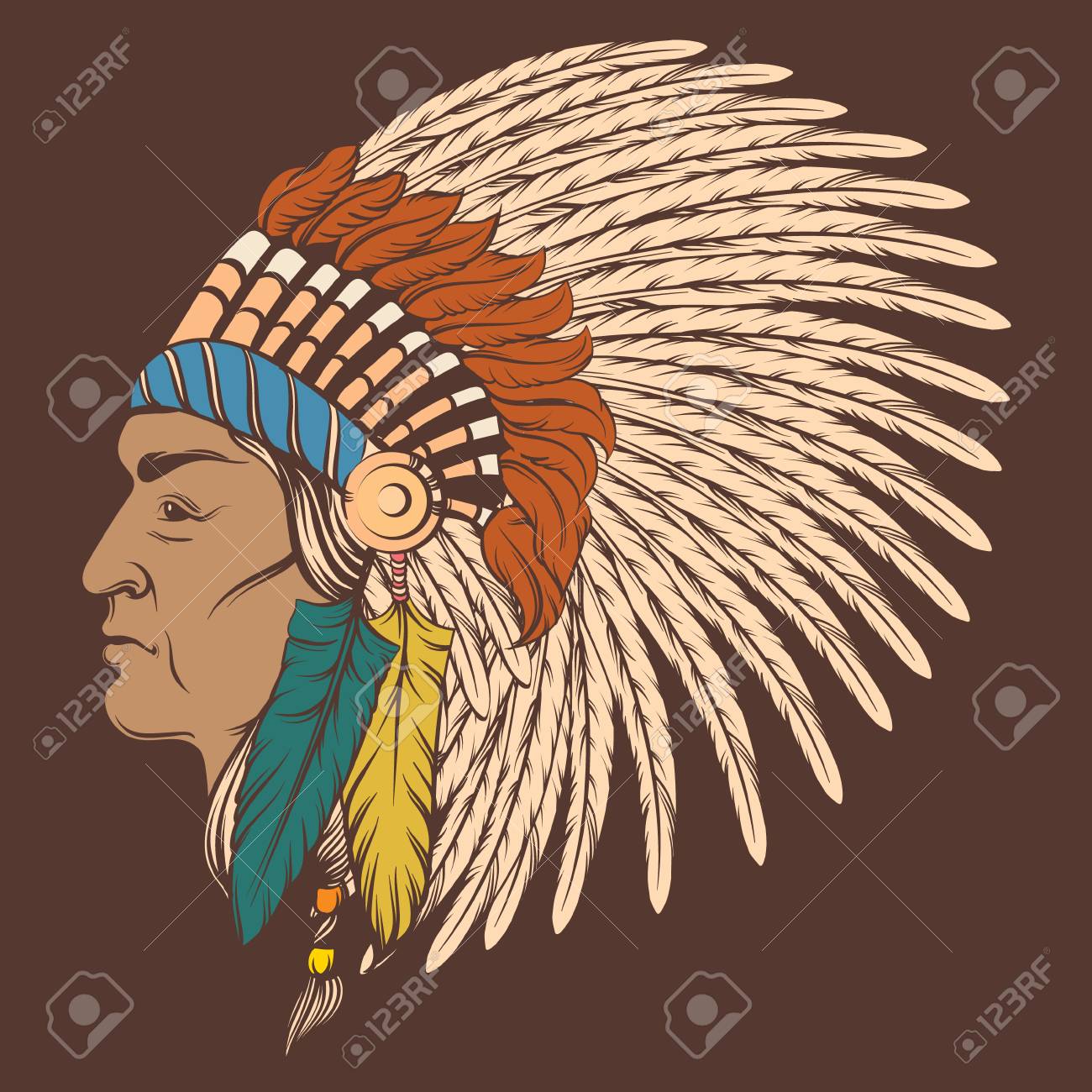 Vector Illustration Dessinee A La Main De Profil Indien En Gardon Oeuvre Realiste Coloree Dans Le Style Amerindien Modele Pour L Impression De Banniere Affiche Carte Pour T Shirt Clip Art Libres De Droits