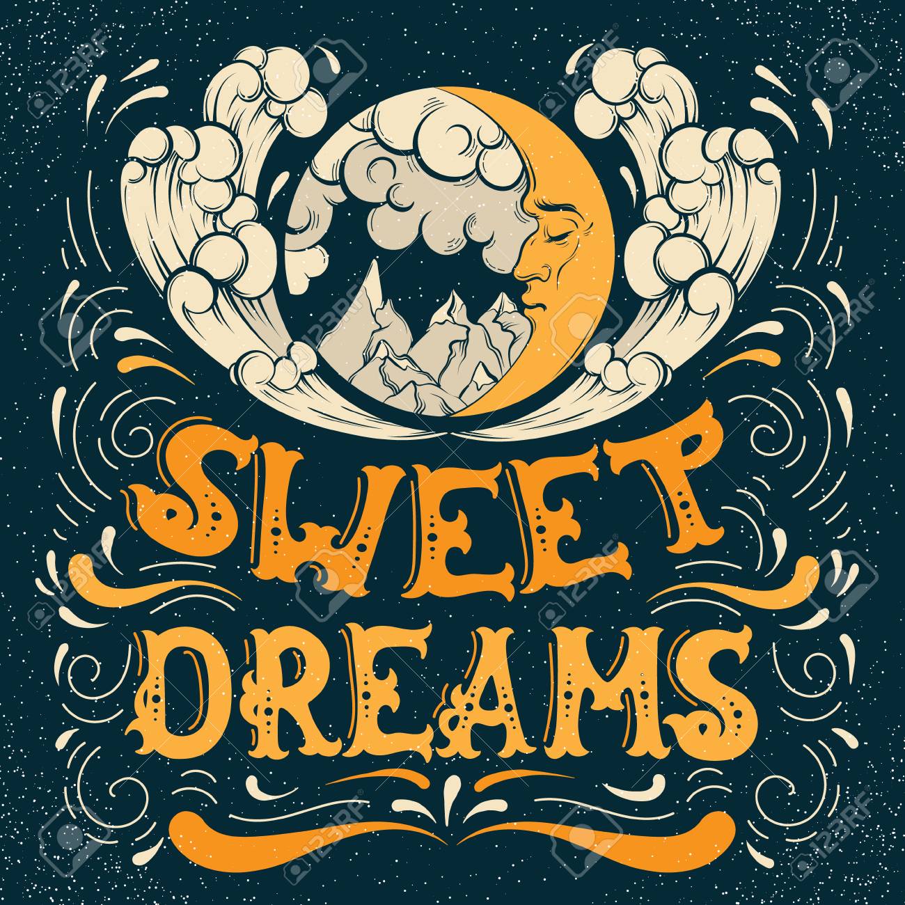 Sweet Dreams. Quote Typographical Background With Hand Drawn Illustration  Of Landscape With Moon,clouds, Mountains, Sea Waves In Cartoon  Style.Template For Card Poster Banner Print For T-shirt. Royalty Free SVG,  Cliparts, Vectors, and, image size:1300x1300