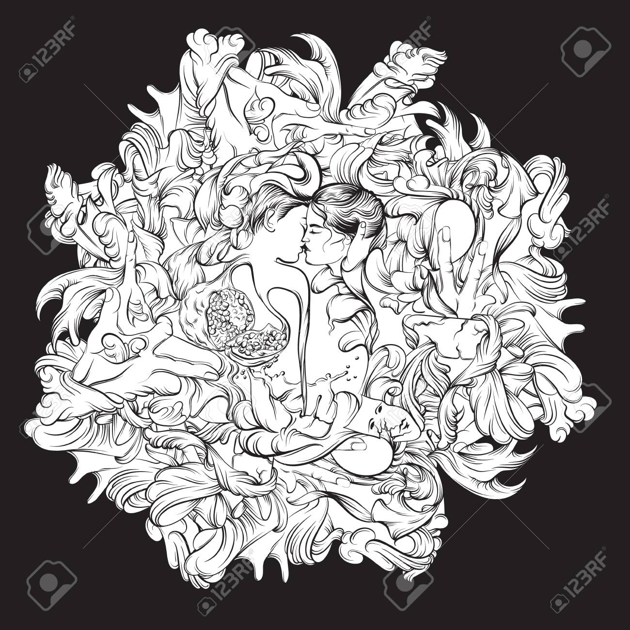 キス愛好家の手ガーネットと花の形とベクトル超現実的なイラスト リアル なライン手描きのアートワーク カードポスターバナー用テンプレートとtシャツ用プリントのイラスト素材 ベクタ Image