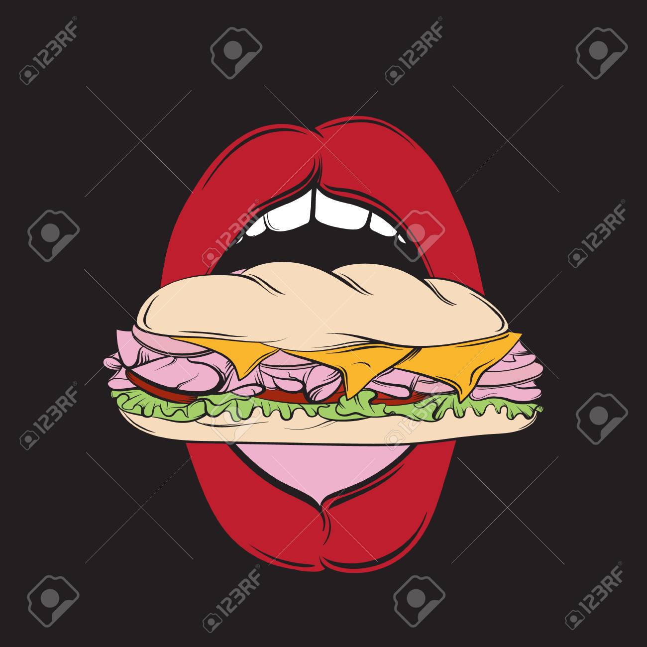 手描きのラインポップアートで作られたサンドイッチで開放された女性口のベクトルイラストがリアル なスタイル Tシャツ用カードバナーフライアープリント用テンプレートのイラスト素材 ベクタ Image