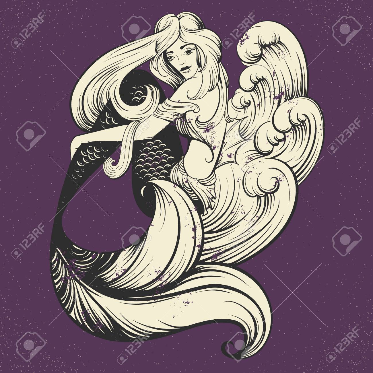 長い髪と海の波が狂った美人魚のベクトルイラストがリアルな手描きスケッチ線スタイル ポストカードポスターバナーとtシャツ用プリント用テンプレート の イラスト素材 ベクタ Image